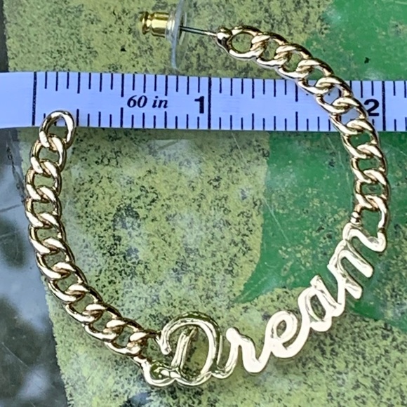 BCBGeneration Gold Chain “DREAM” Script LARGE HOOPS POST EARRINGS! 2” Diameter - Picture 5 of 5